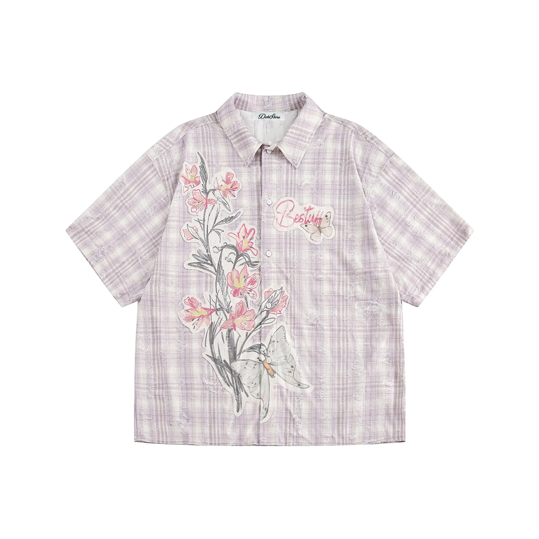 DOH STORE Рубашка Унисекс Розовый Фиолетовый Клетка