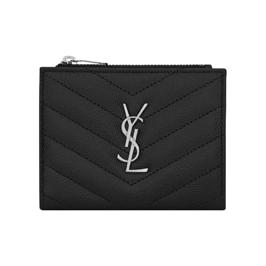 SAINT LAURENT Monogram Calfskin Double Fold Card Holder Women's Black