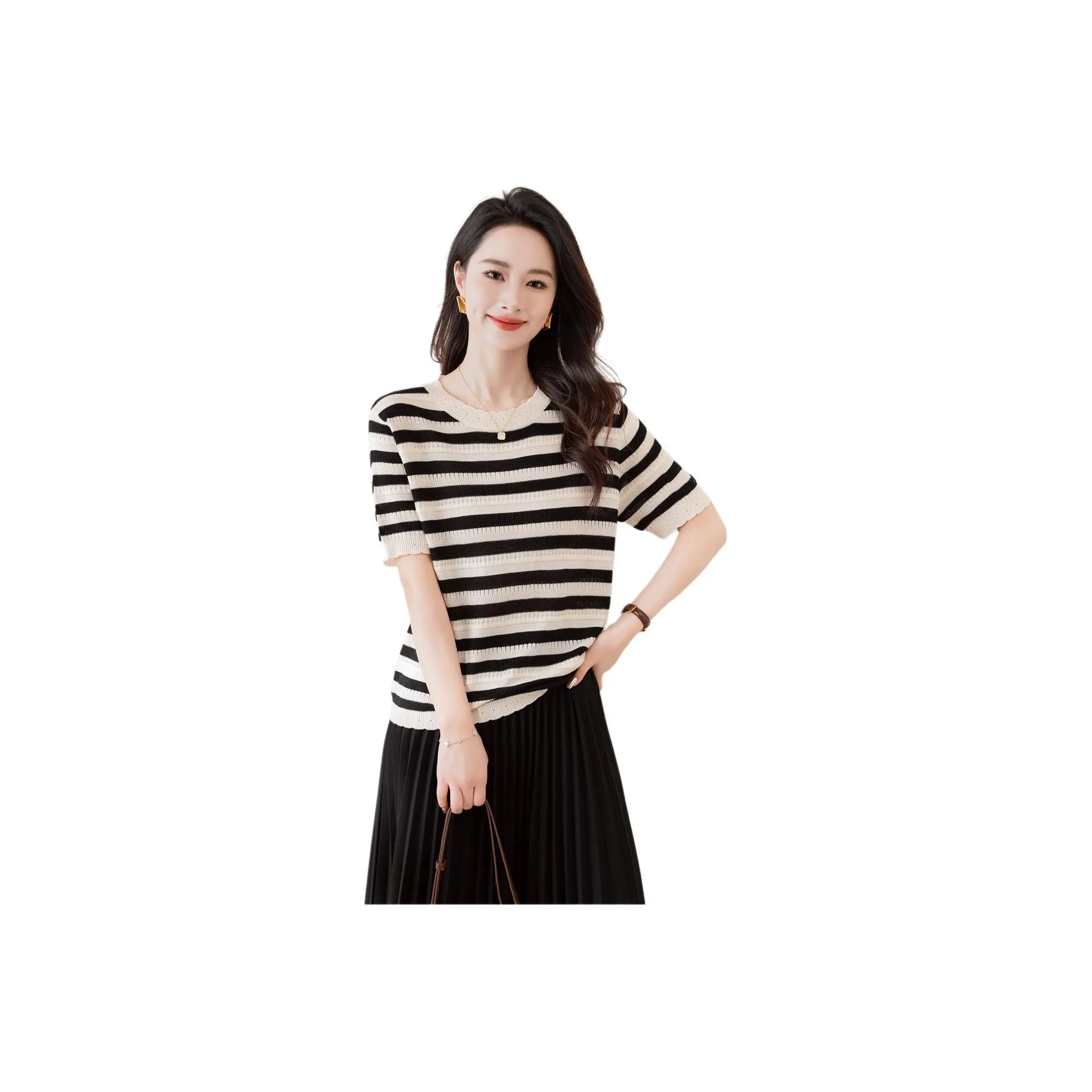 X MOOM T Shirt Women's Black White Stripes