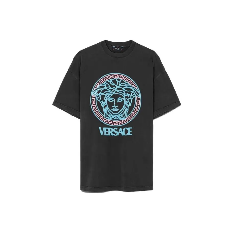 VERSACE T Shirt With Logo Print 'Black/Neon Azur/Neon Pink'