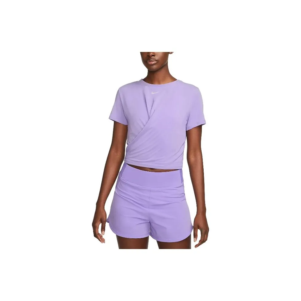Nike Dri-FIT One Luxe Logo Crewneck Twist-Front Pullover T-Shirt Purple