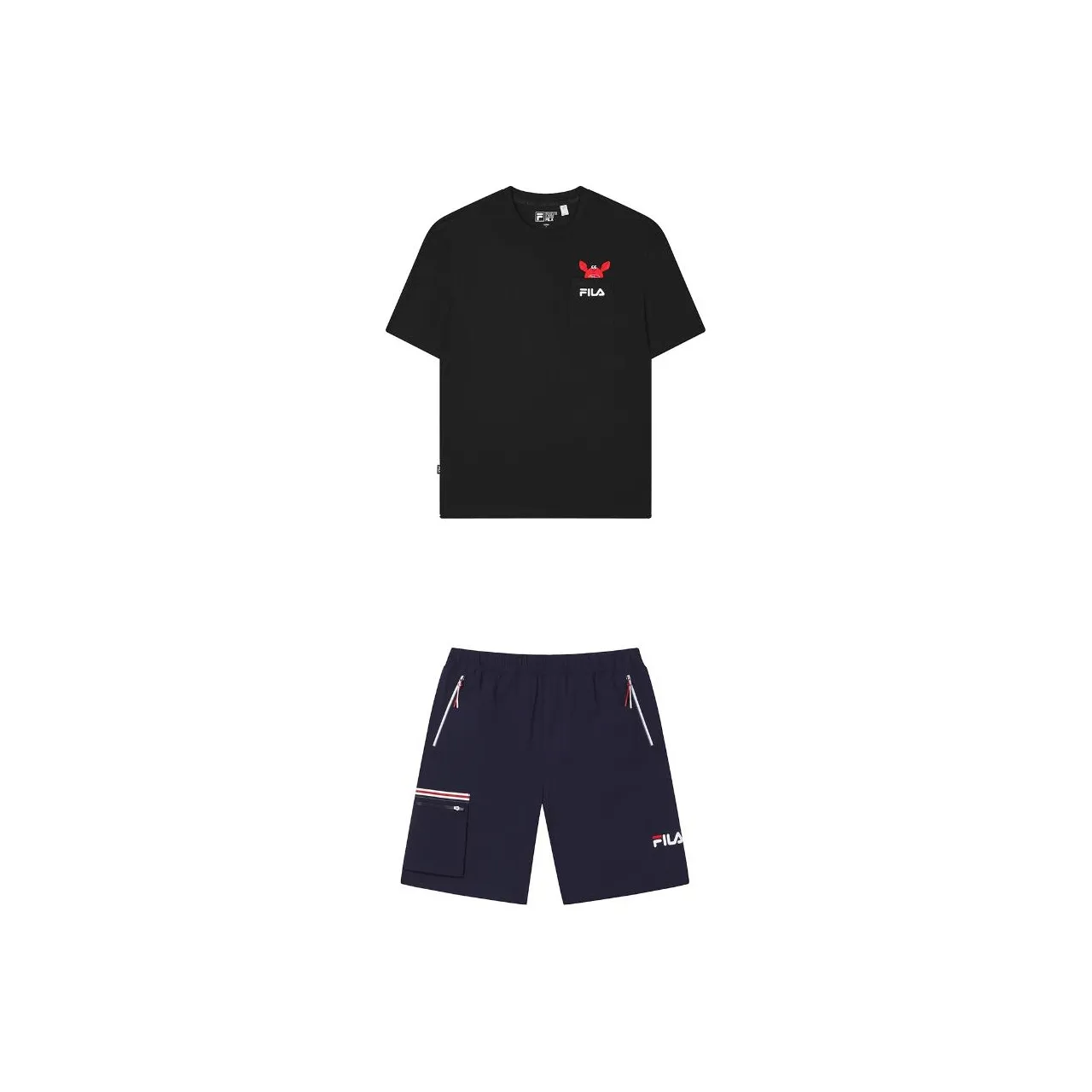 FILA Casual Sportswear Men Set Jet Black Short-Sleeved Shirt+Secret Mirror Blue Shorts