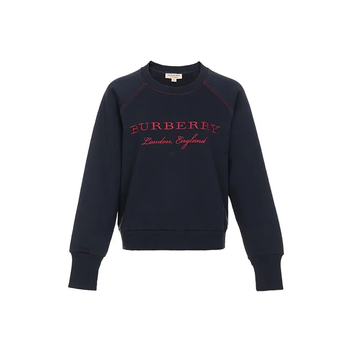 Burberry Women's Logo Embroidered Mixed Fabric Sweater Dark Blue