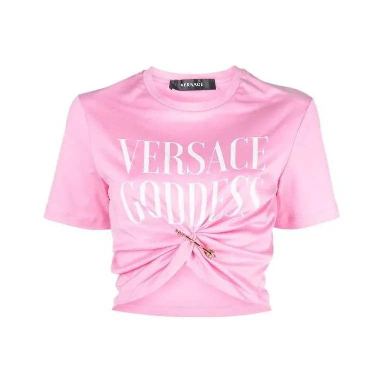 VERSACE Goddess Cropped Twisted T Shirt 'Pink Paradise'