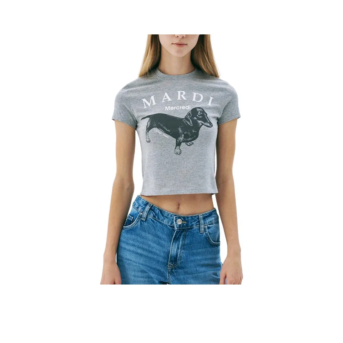 MARDI MERCREDI Dachshund Puppy SS25 T-рубашка Корейский стиль Женская Белый Серый