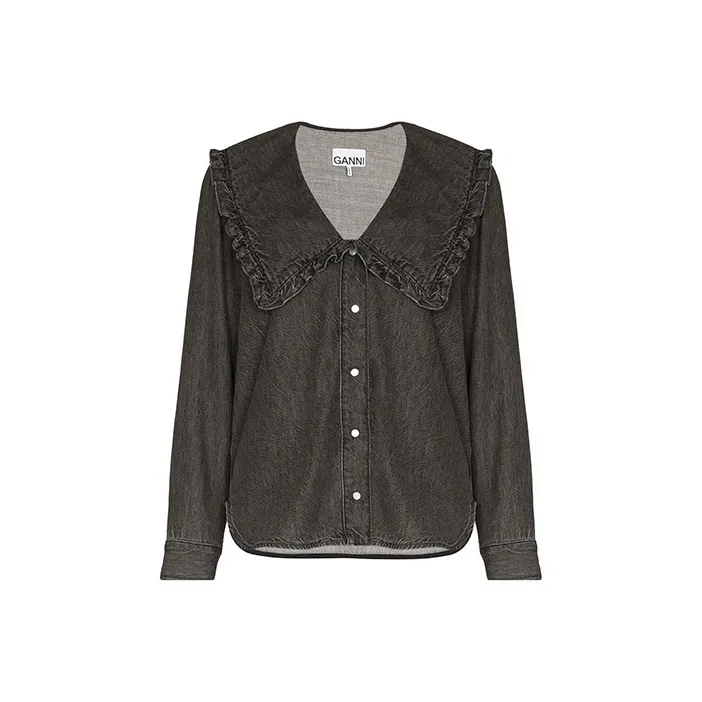 GANNI Oversized Ruffle Collar Denim Blouse