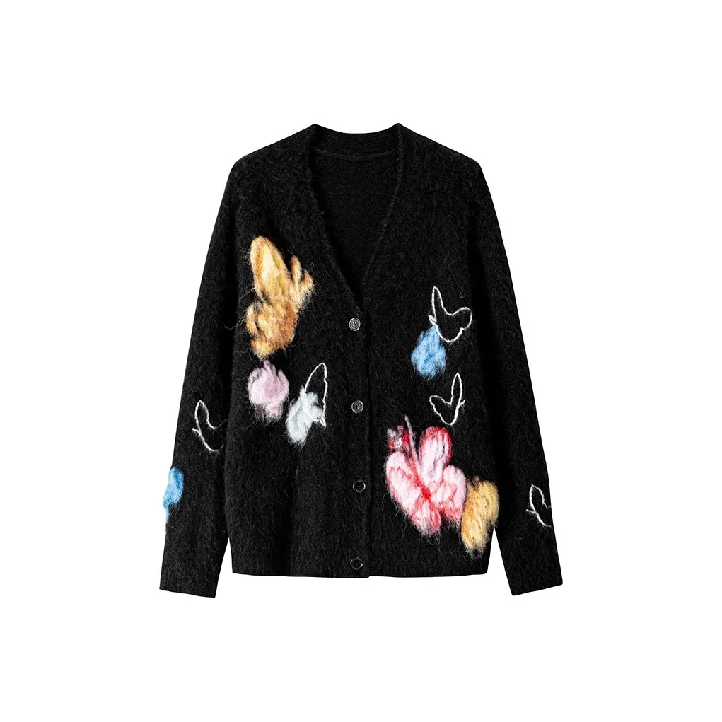 Roselingling Sweaters Women's Black Sole Butterfly Flower