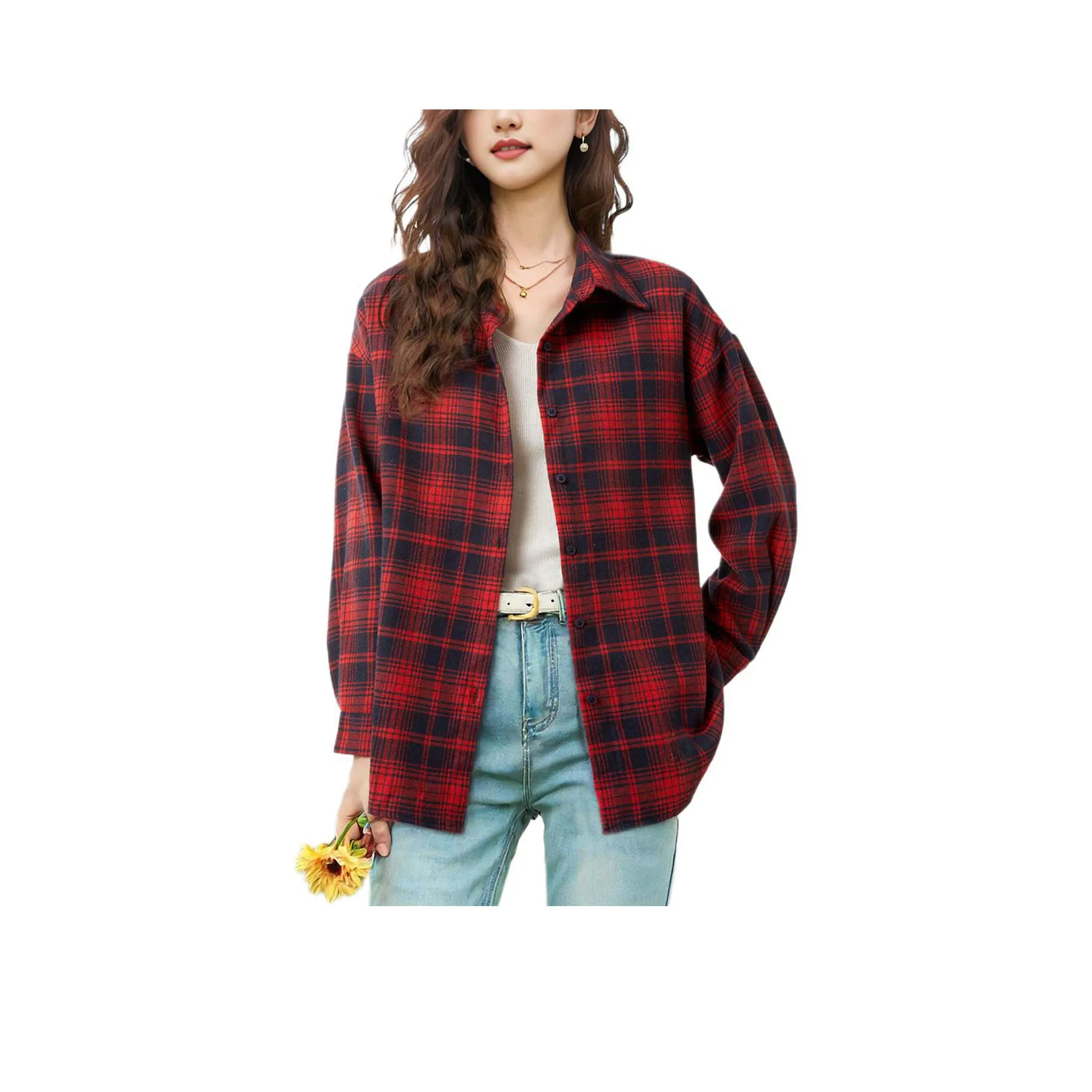 Wbwq Рубашка Женская Красная Синяя Клетка