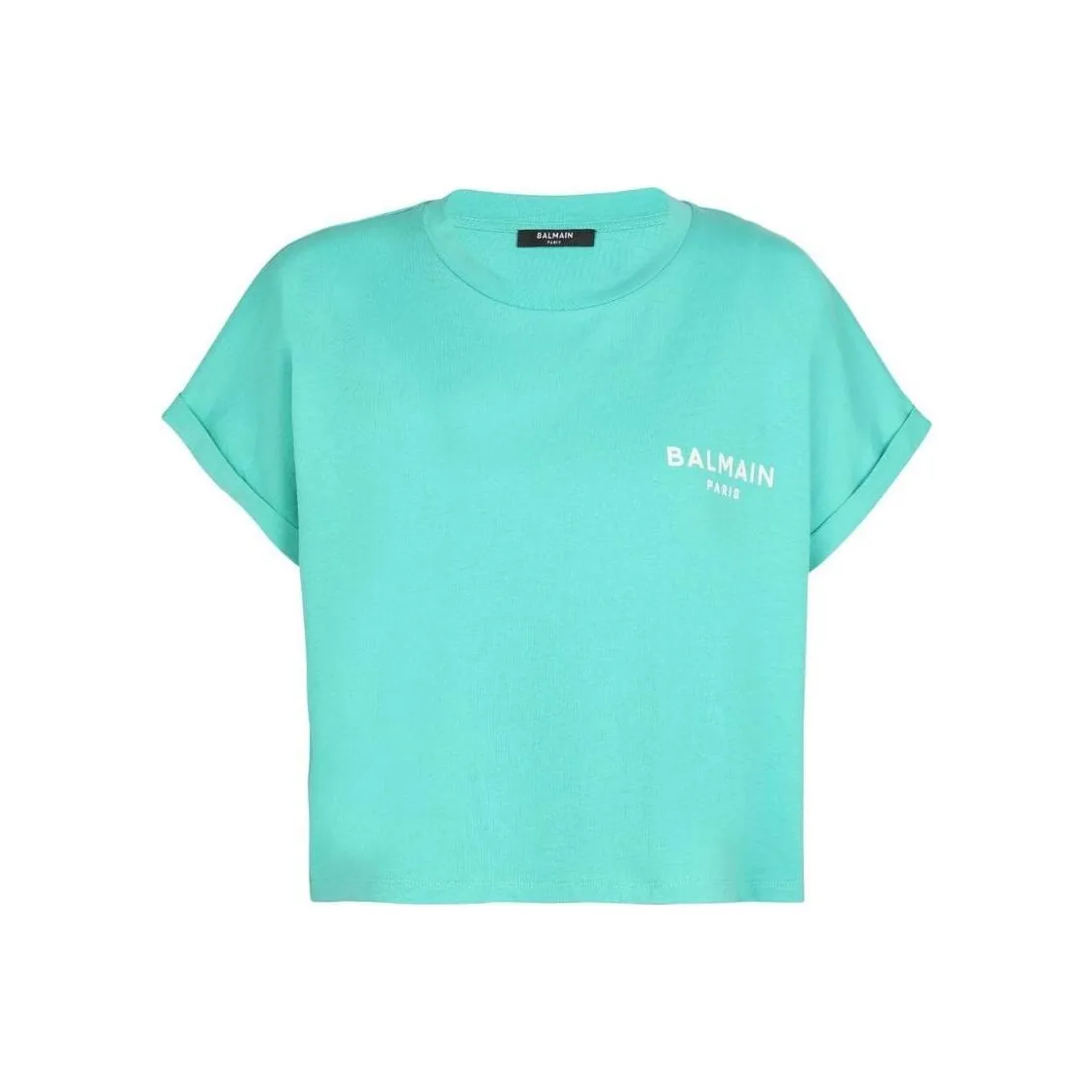 BALMAIN Logo Printed Cropped T Shirt 'Water Green/White'