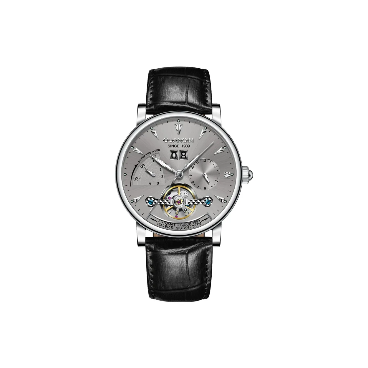 Коллекция GUANQIN Автоматический Механический Механизм Кожаный Ремешок Часы Мужские Серый Циферблат