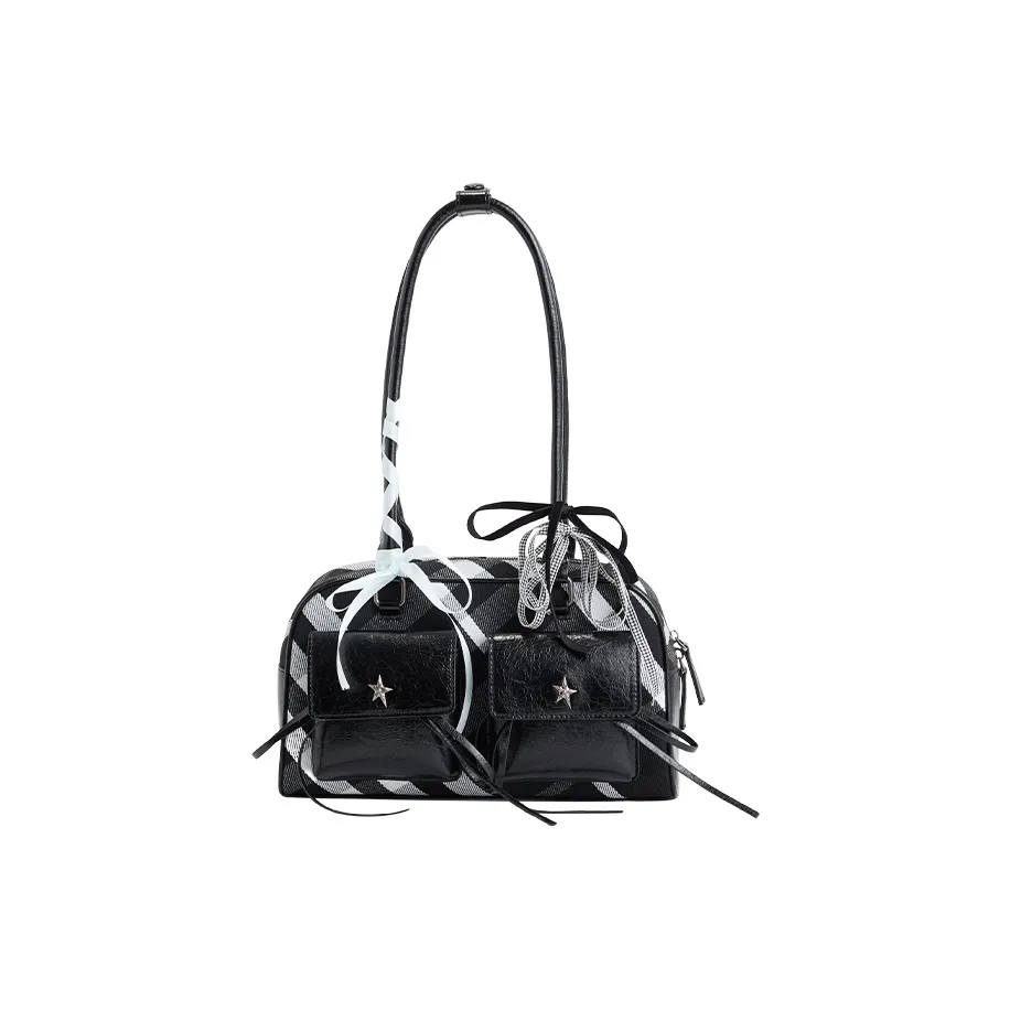 JACD PU Bowling Bag Shoulder Bag Regular Women's Black White Plaid/Pineapple Brown