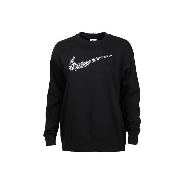 Nike Women'ss Floral Logo Print Fleece Crewneck Pullover Sweatshirt Black