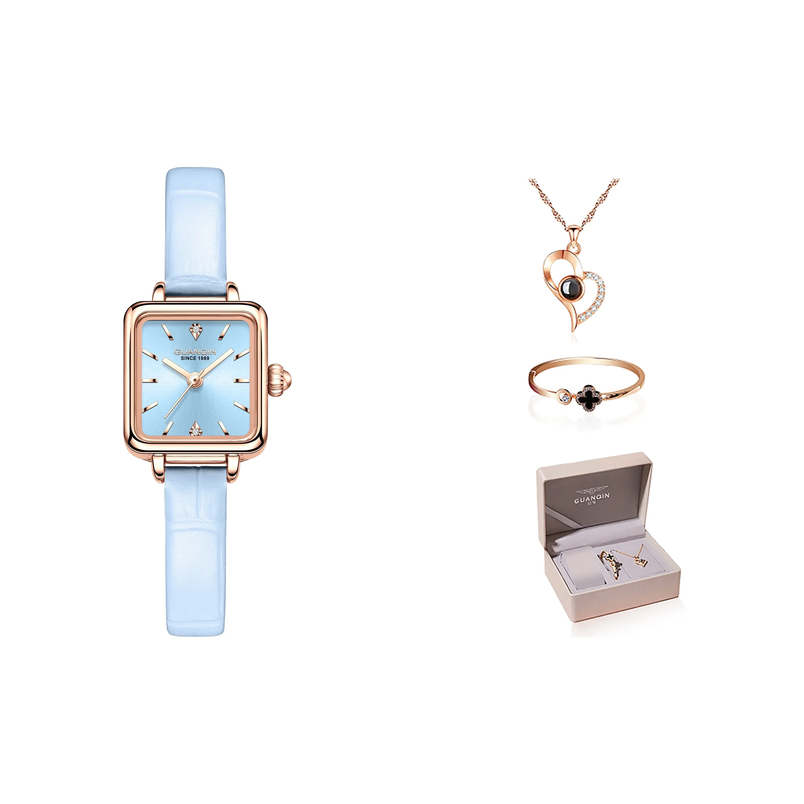 GUANQIN Smart Series Кварцевый механизм Коровья кожа Ремешок Часы Женские Синий циферблат