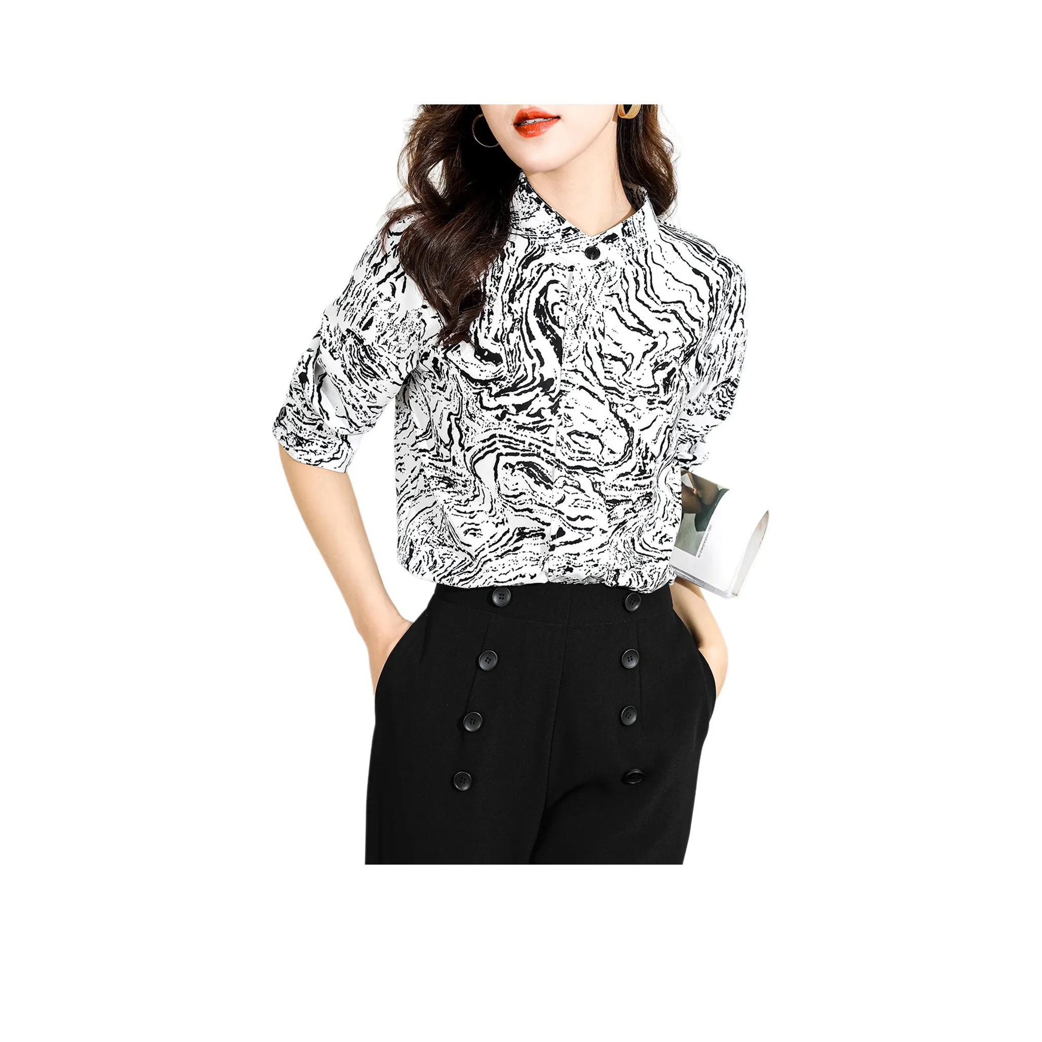 Wbwq Рубашка Женская Черная и Белая Цветочная