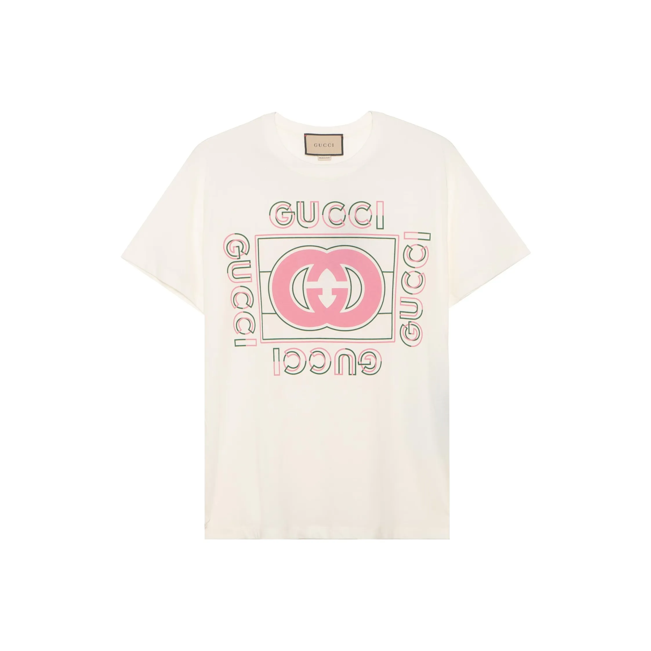 GUCCI Women's Oversized Vintage Logo Print T Shirt Off White/Pink/Green