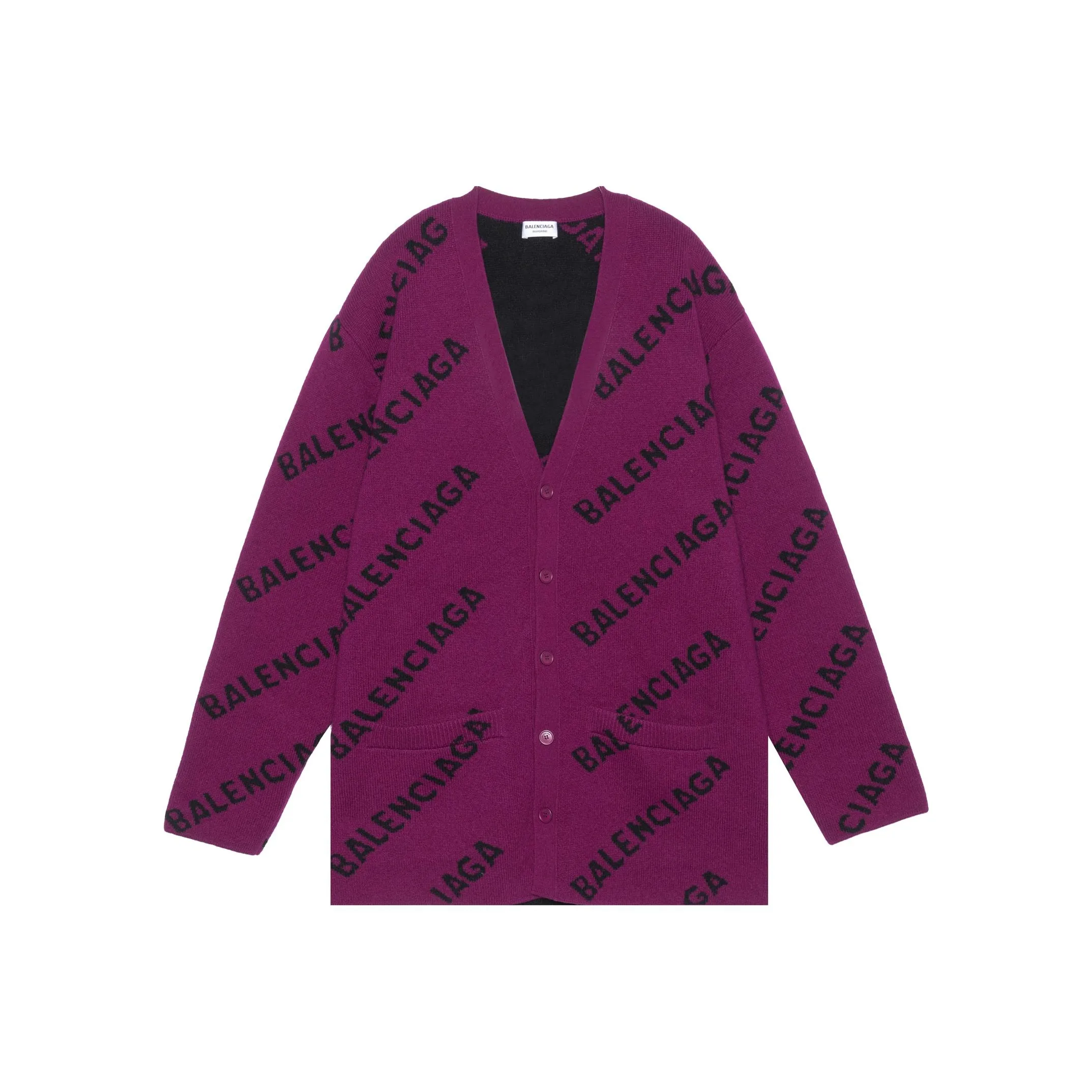 Balenciaga Logo Intarsia Wool Cardigan Purple