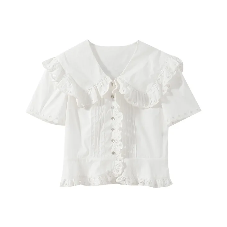 YUMOMO STAR Отложной воротник Свободный крой Короткий рукав Рубашка Женская Без рисунка Белая