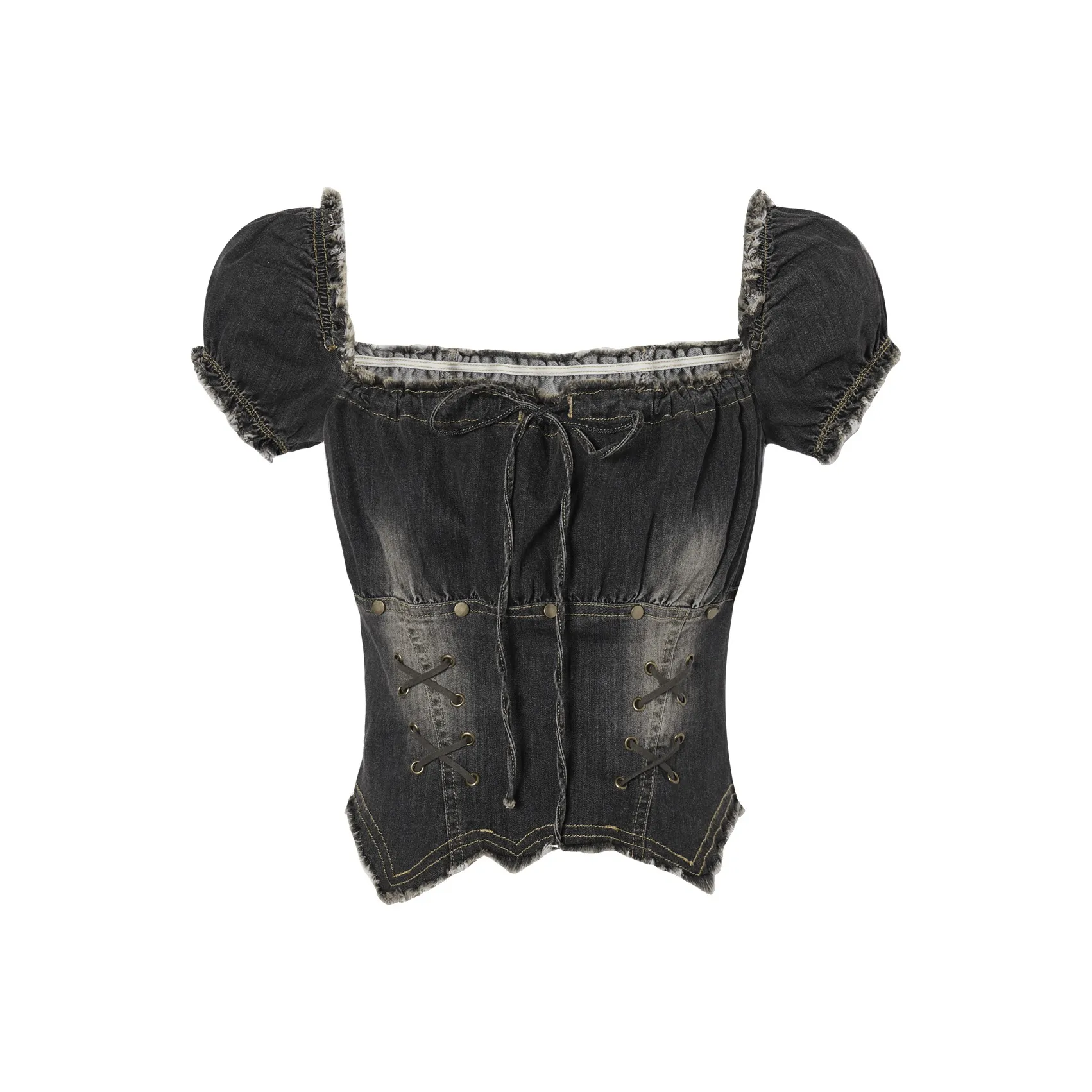 I'M ONE Буф-рукав Т-рубашка Женская Винтажный Деним Черный