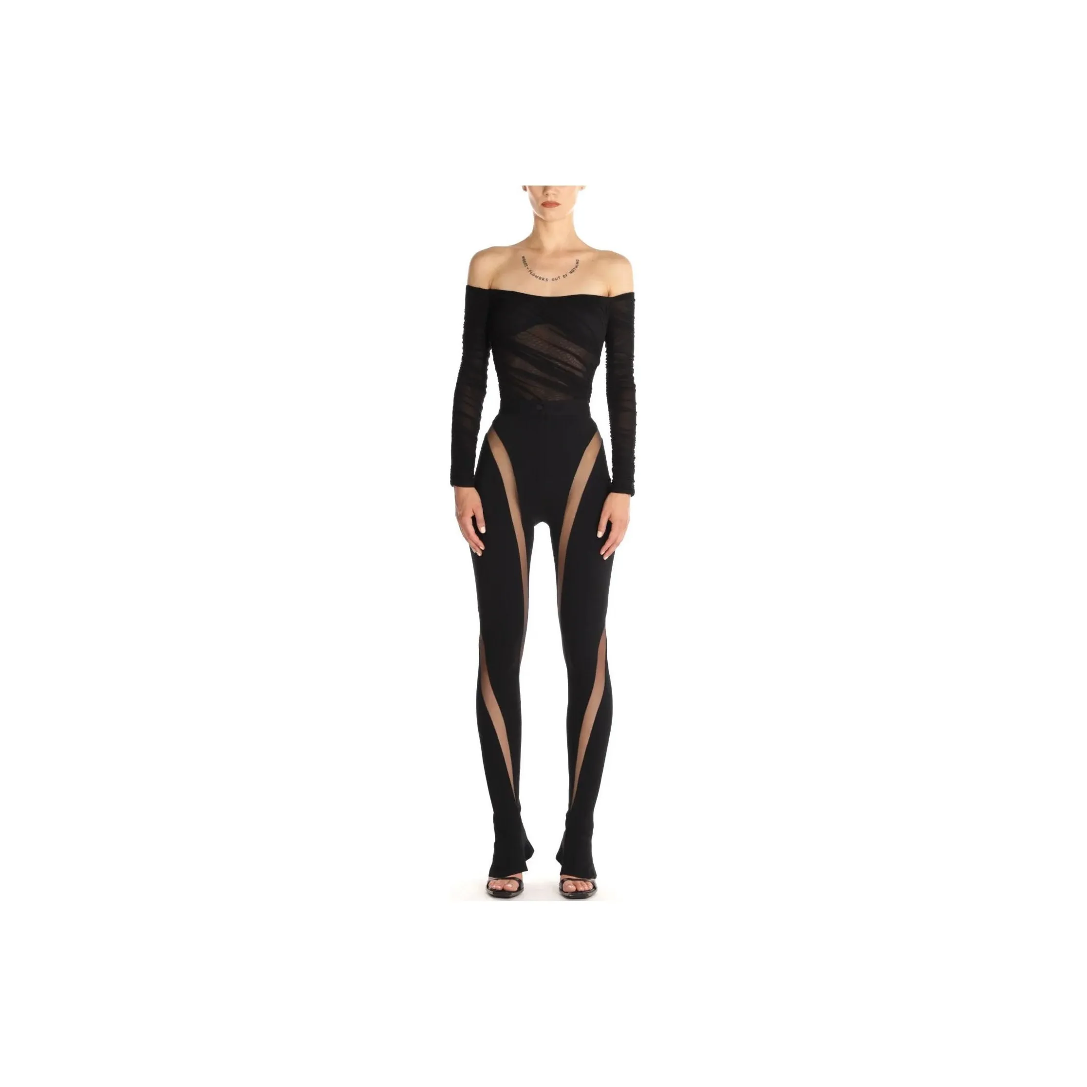 Mugler SS24 Black Ruched Mesh Bodysuit Jumpsuit Women's Black