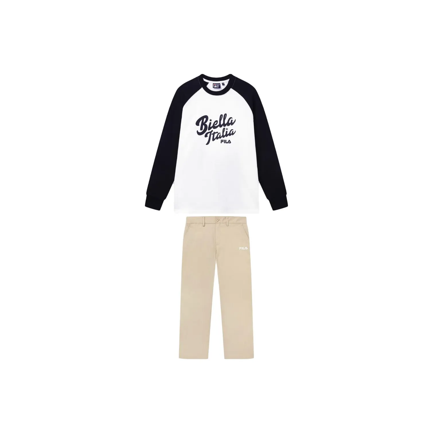 FILA Casual Sportswear Men's Clothing Set Coconut Milk White Top+Light Sand Camel Pants