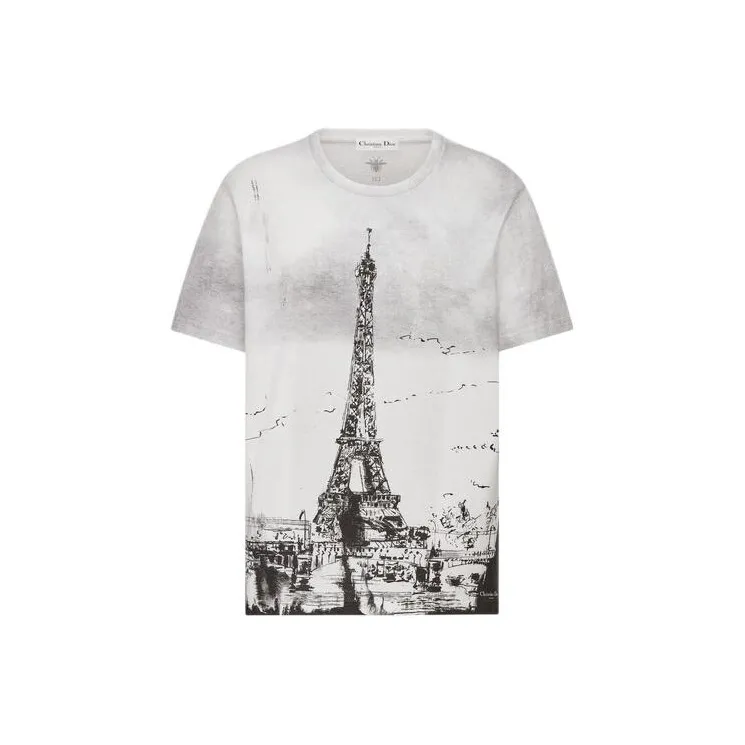 DIOR Paris Eiffel Tower Print Crew Neck Short-Sleeved T-Shirt Women's White