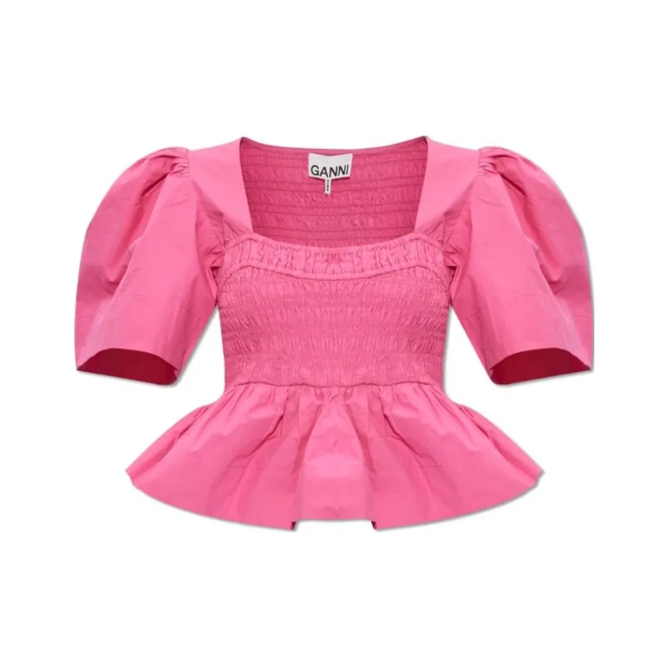 GANNI Peplum Waist Ruffled Hem Cropped Blouse