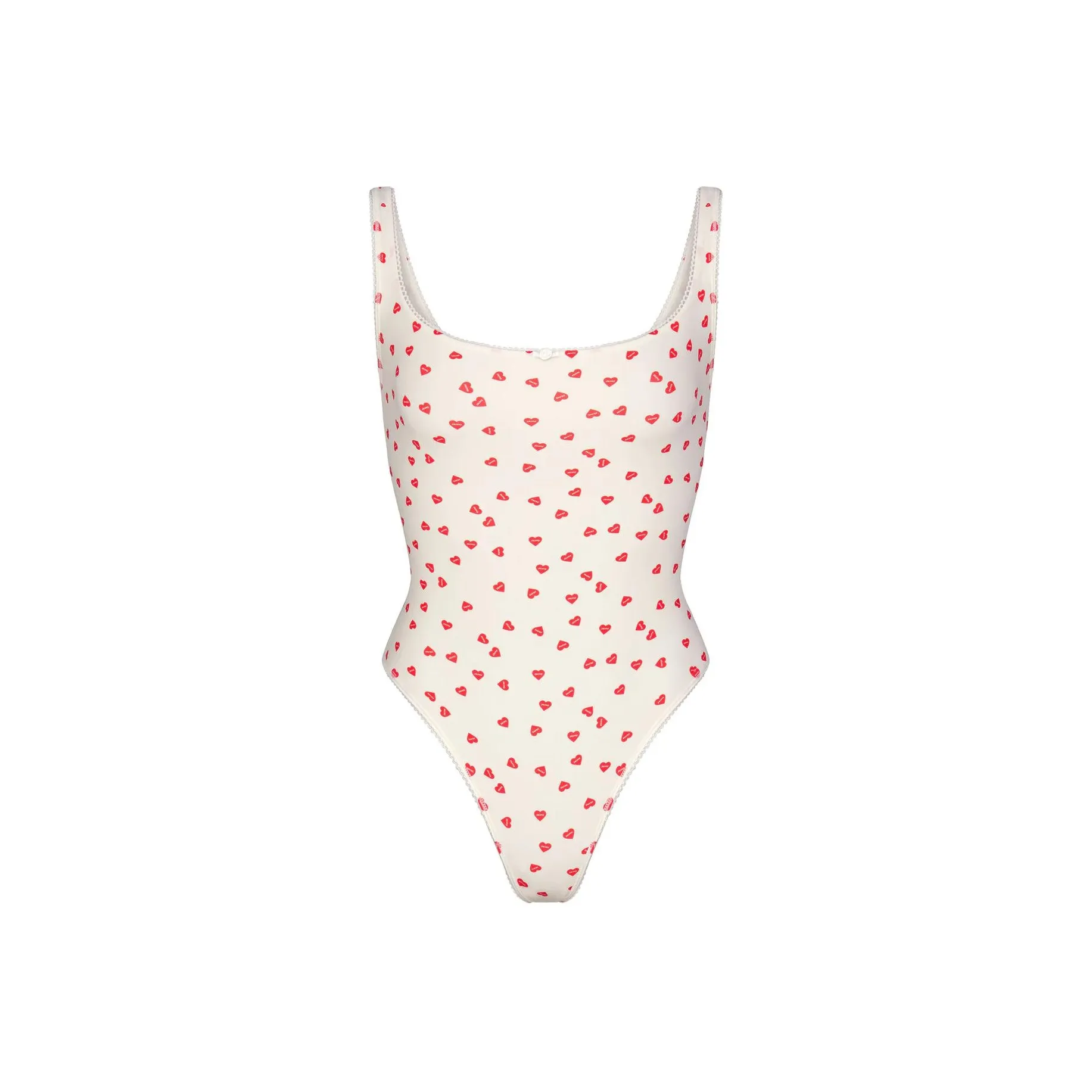 SKIMS FITS EVERYBODY PICOT TRIM SQUARE NECK BODYSUIT Jumpsuit Women's RUBY HEART PRINT/Rubies
