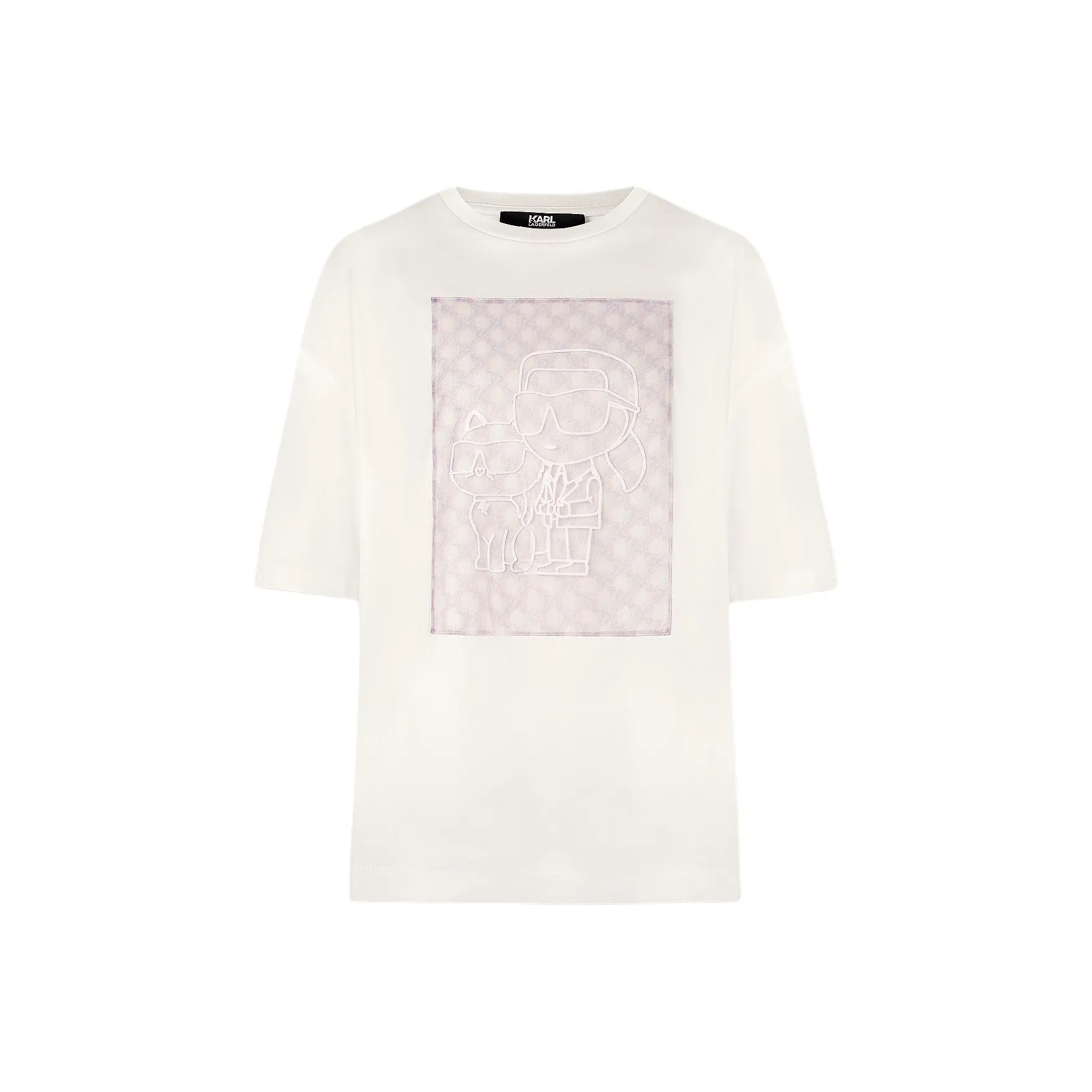 KARL LAGERFELD Everyday Commute SS24 Cartoon Print Gauze Patchwork Crew Neck Short Sleeved T Shirt Women's White