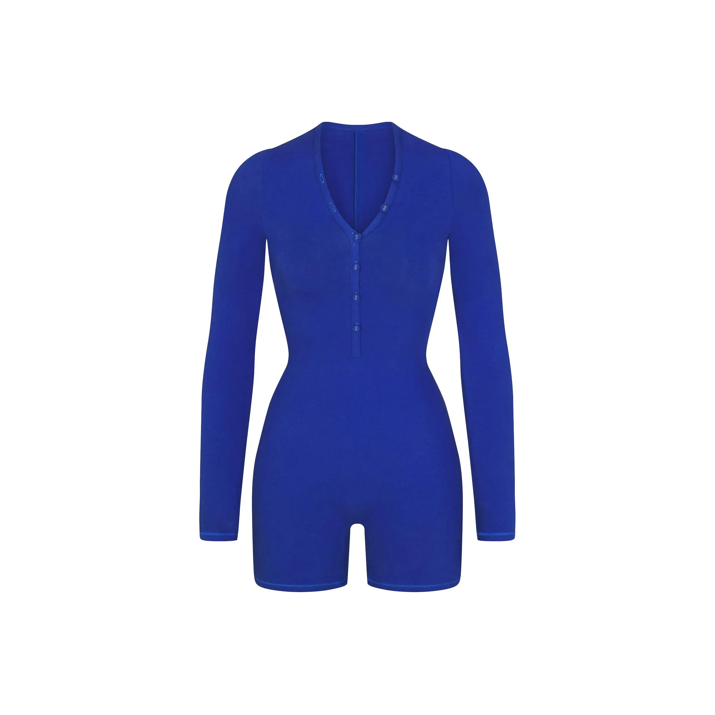 SKIMS Хлопок Джерси Пуговица Вверх Henley ONESIE Комбинезон Женские Кобальт Кобальтовый синий