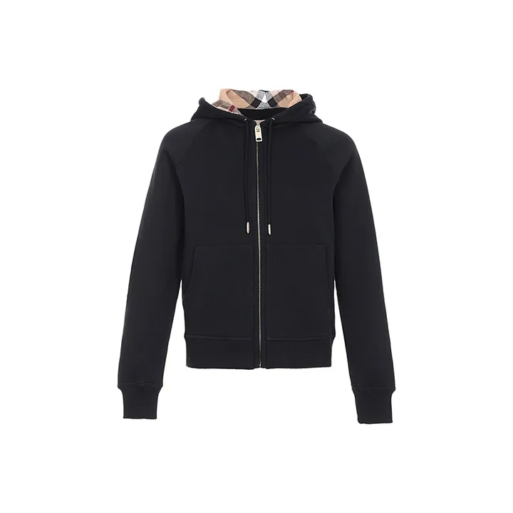 Burberry Zip Up Hoodie With Check Hood Black Archive Beige