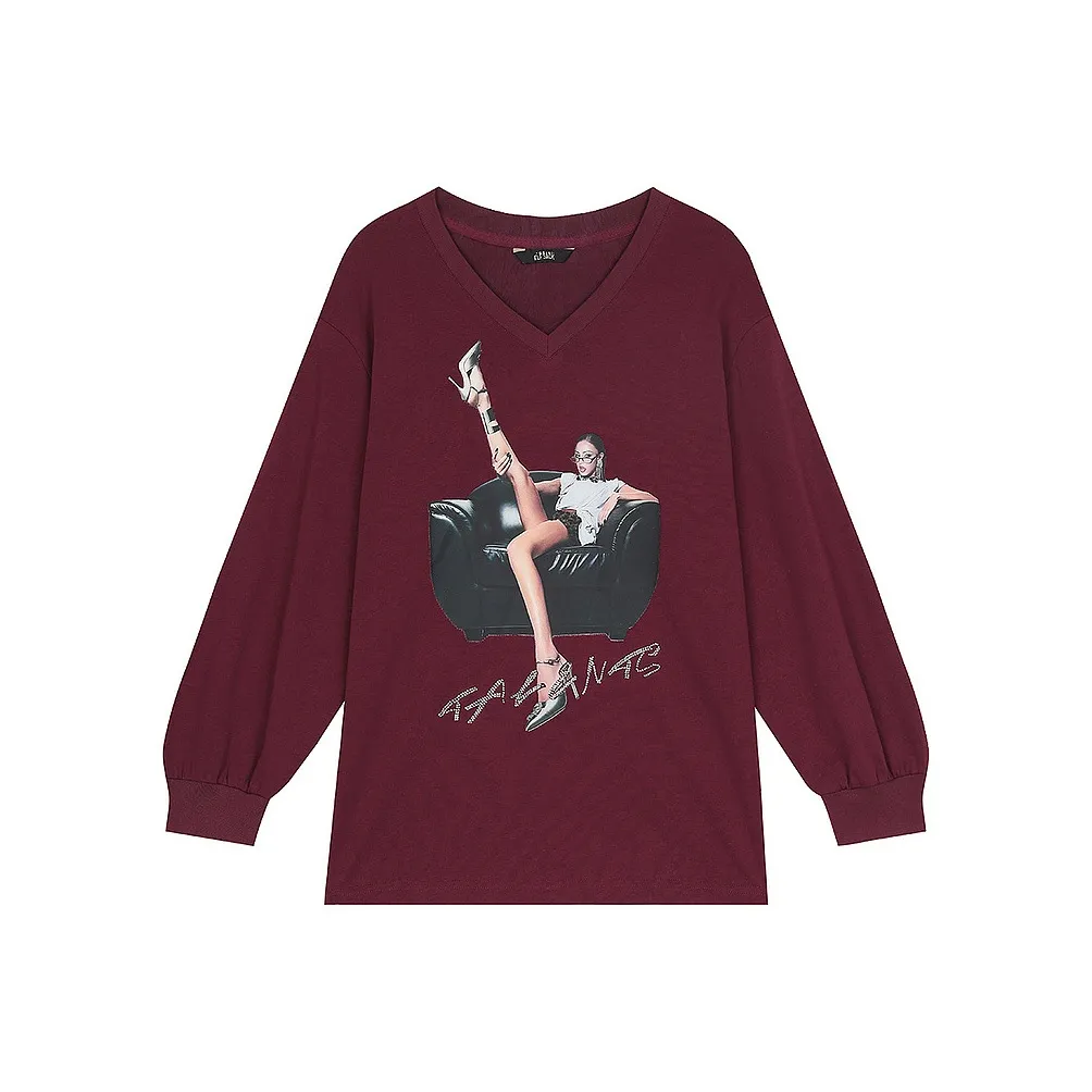 ELF SACK Vintage V Neck Casual Versatile Print Loose Fit T Shirt Women's