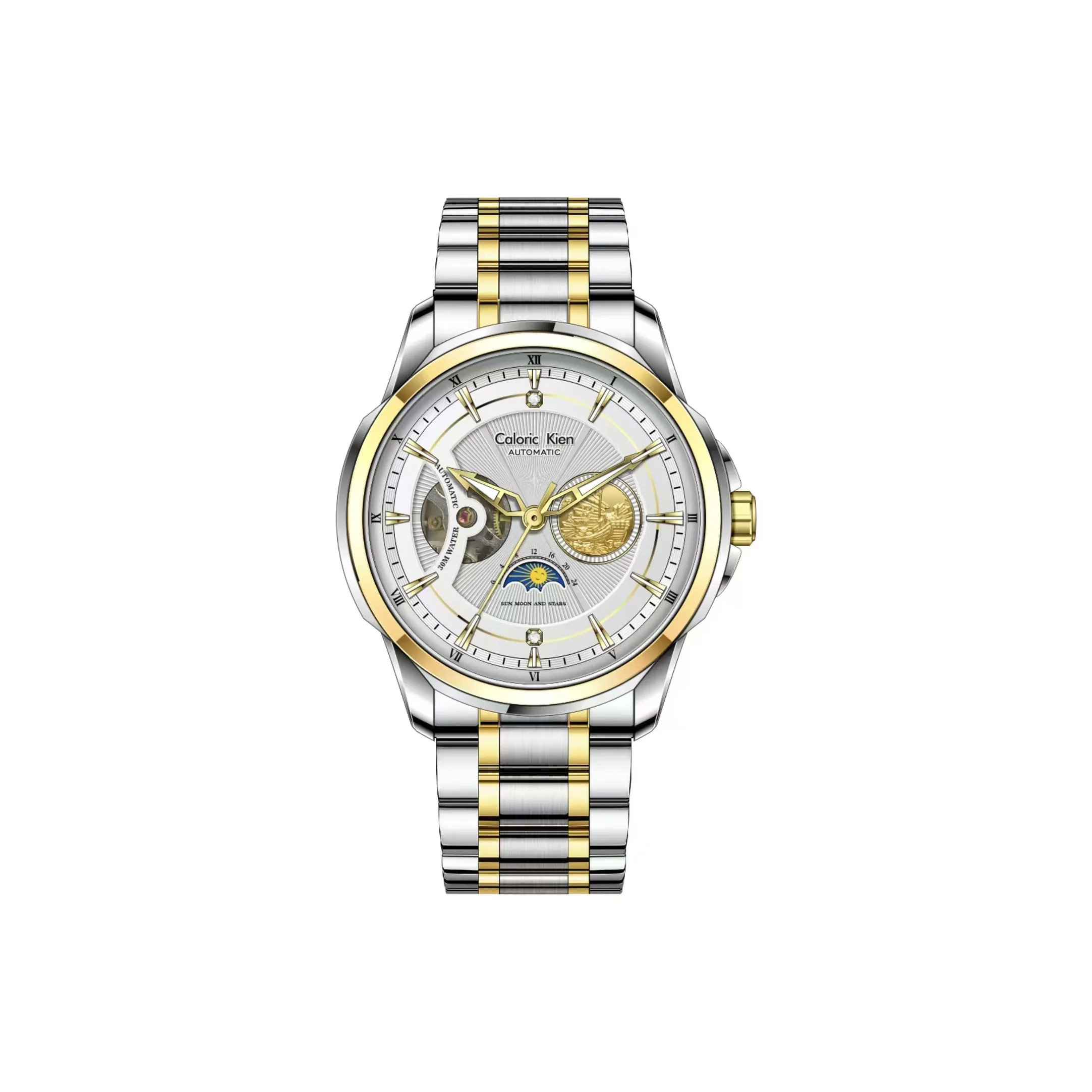 CALORIC KIEN Adventurer Collection Автоматический Механический Механизм Нержавеющая Сталь Ремешок Мужские Часы Белый Циферблат