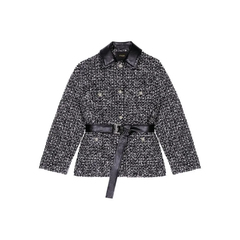 Maje Belted Double-breasted Tweed Coat