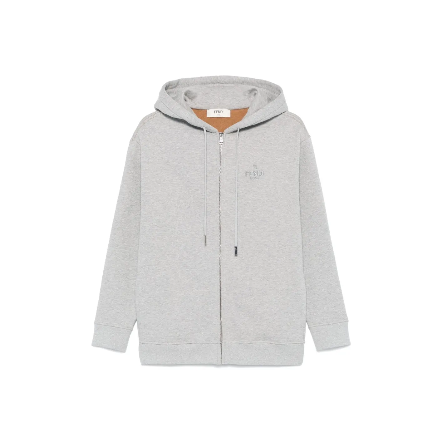 FENDI Logo Embroidered Zip Up Drawstring Hoodie