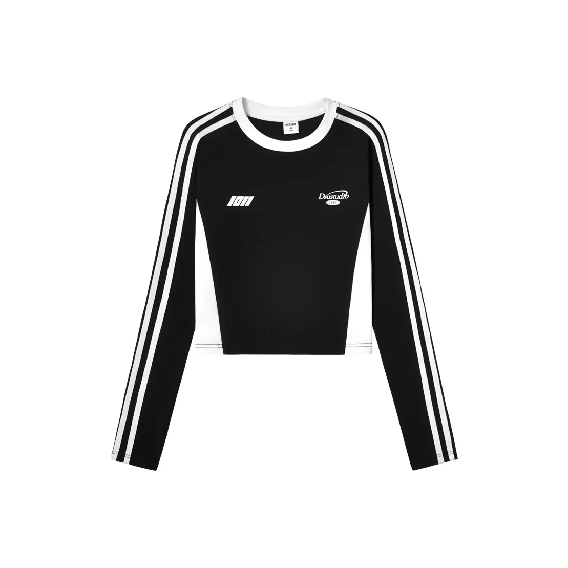 DESSUU Буква Полосы Текстиль Ремешок Укороченный Облегающий Комплект в Длинной Рубашке с Длинным Рукавом Женская