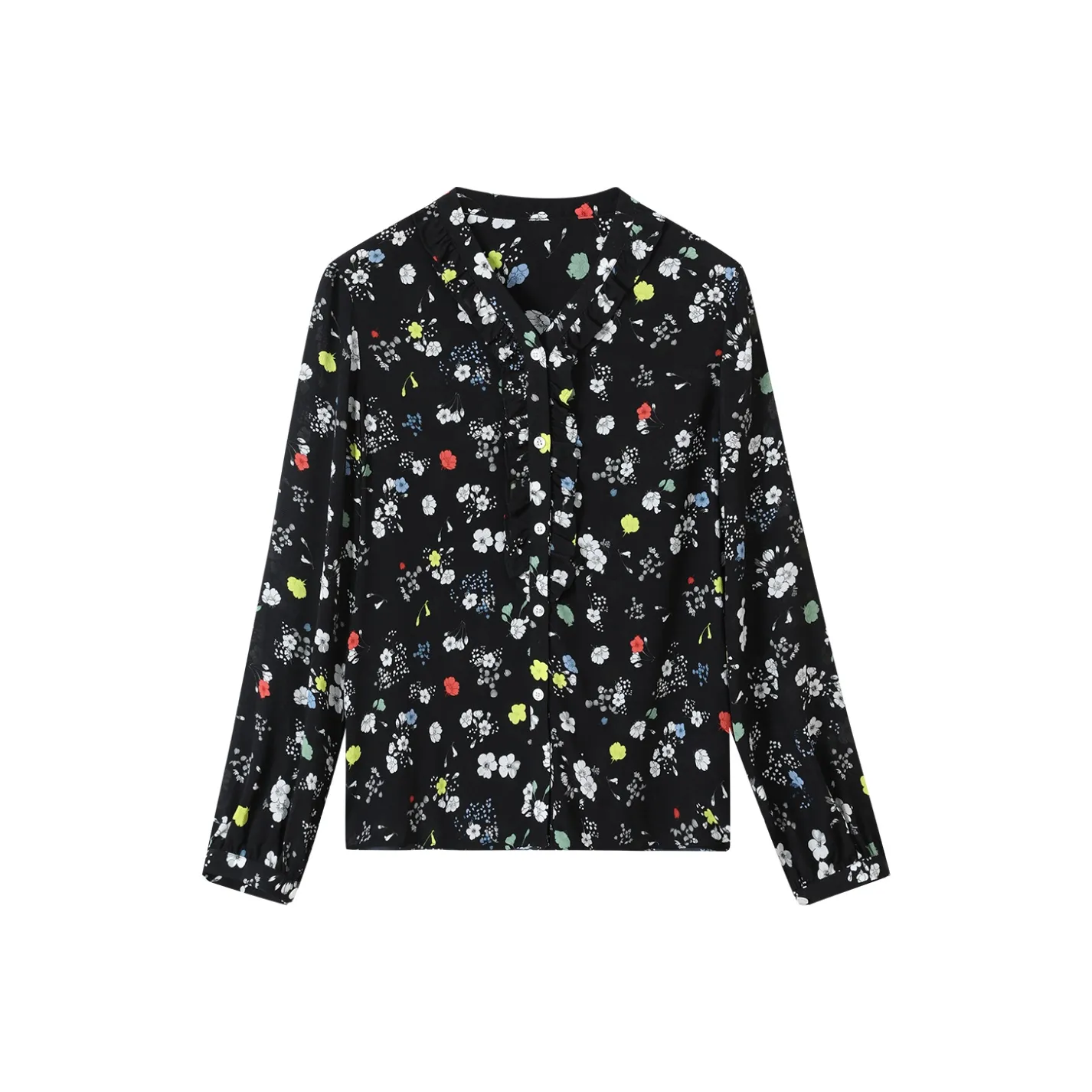 H YXIANG Рубашка Женская Черная с Маленьким Многоцветным Цветочным