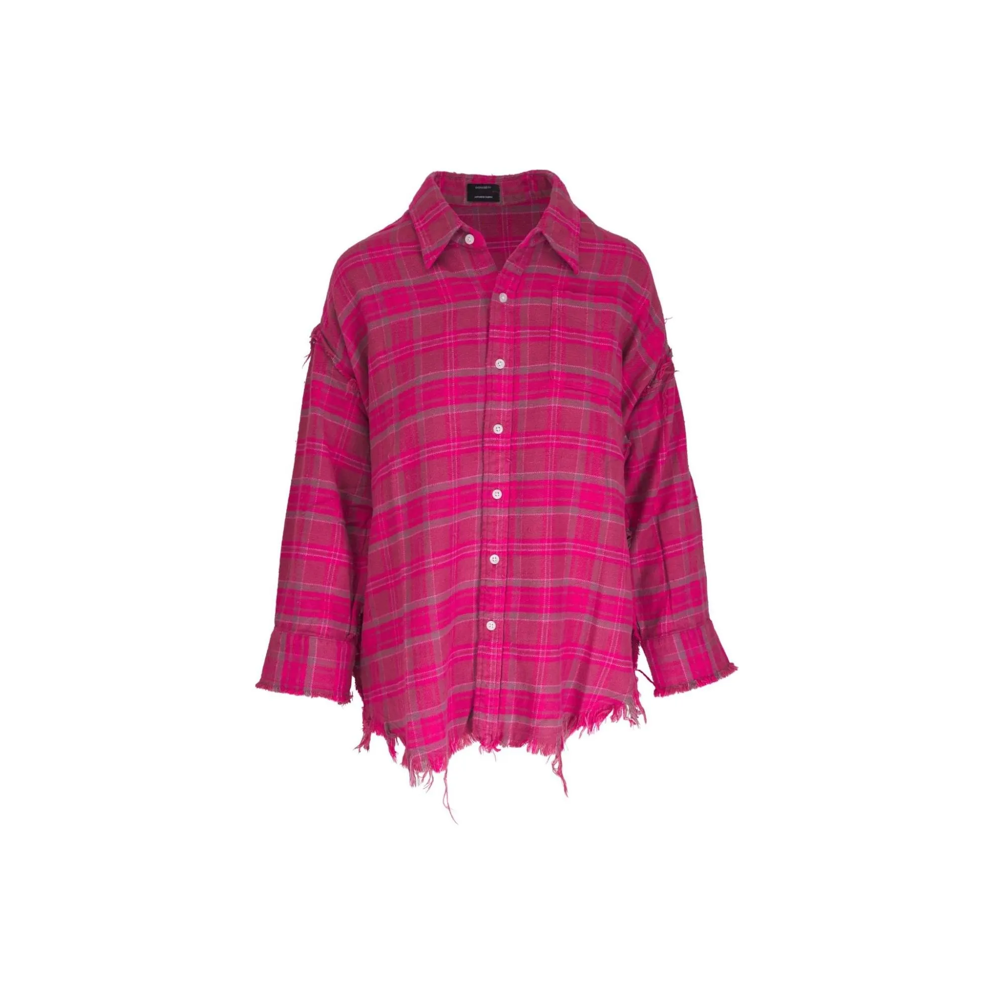 R13 Check-Pattern Frayed Trim Distressed Shirt