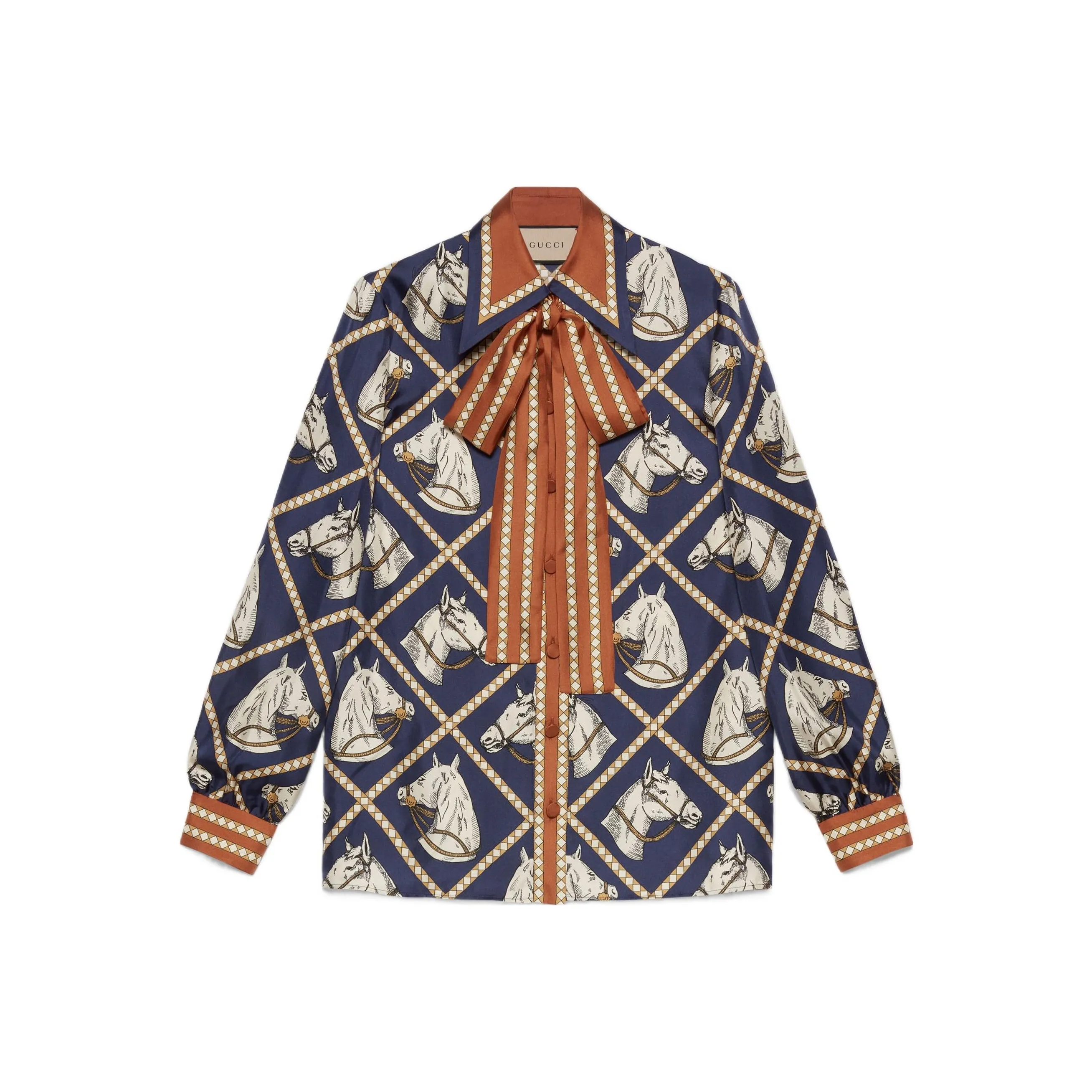 GUCCI Equestrian print Silk Pussy bow Blouse