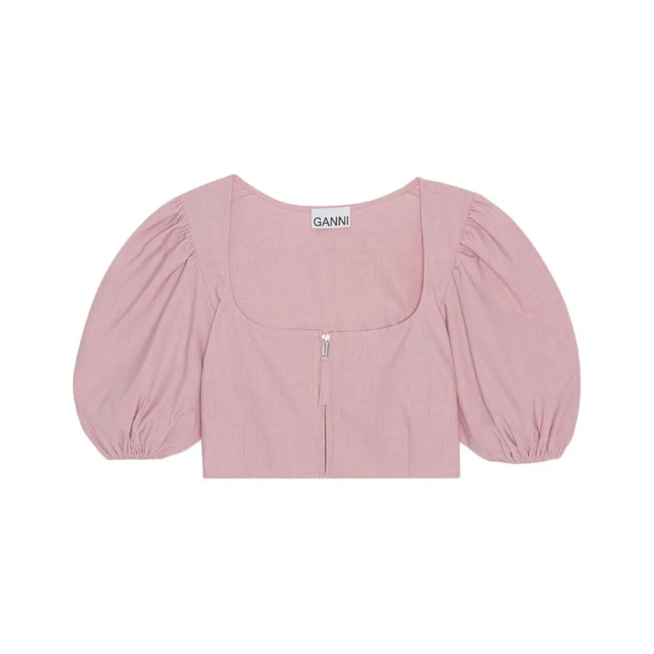 GANNI Drapey Melange Cropped Zipper Blouse 'Pink'