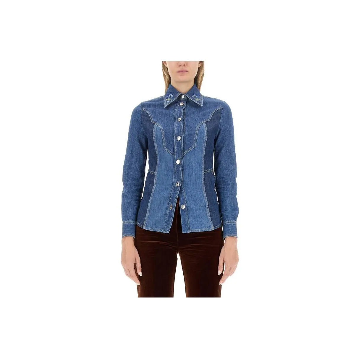 ETRO Floral Embroidered Button Up Denim Shirt