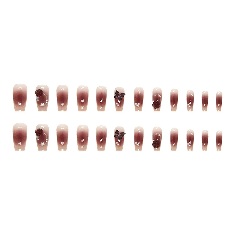 Sweet Pillow House Кристальный Бабочка Камелия Жемчужный False Nail Миндаль Кораллово-красный Телесный глянцевый