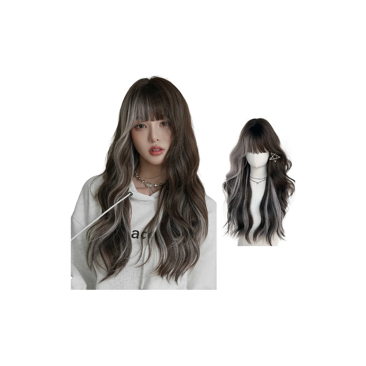 QIJIEHUANGHOU Утонченный Cool Goddess Big Wave Перука Латте Коричневый Ombre с Кремово-Серым Highlights