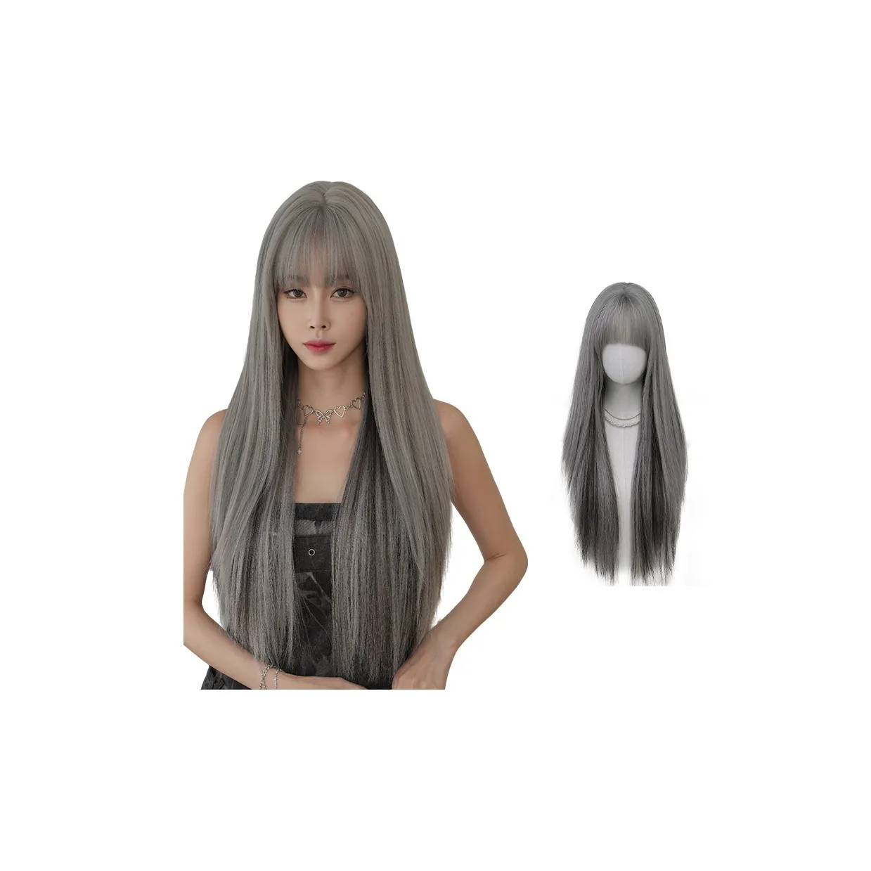 QIJIEHUANGHOU Квадрат Круглое лицо Heavenly Овощной Парики Серебристо-серый Подчеркнутый Черный