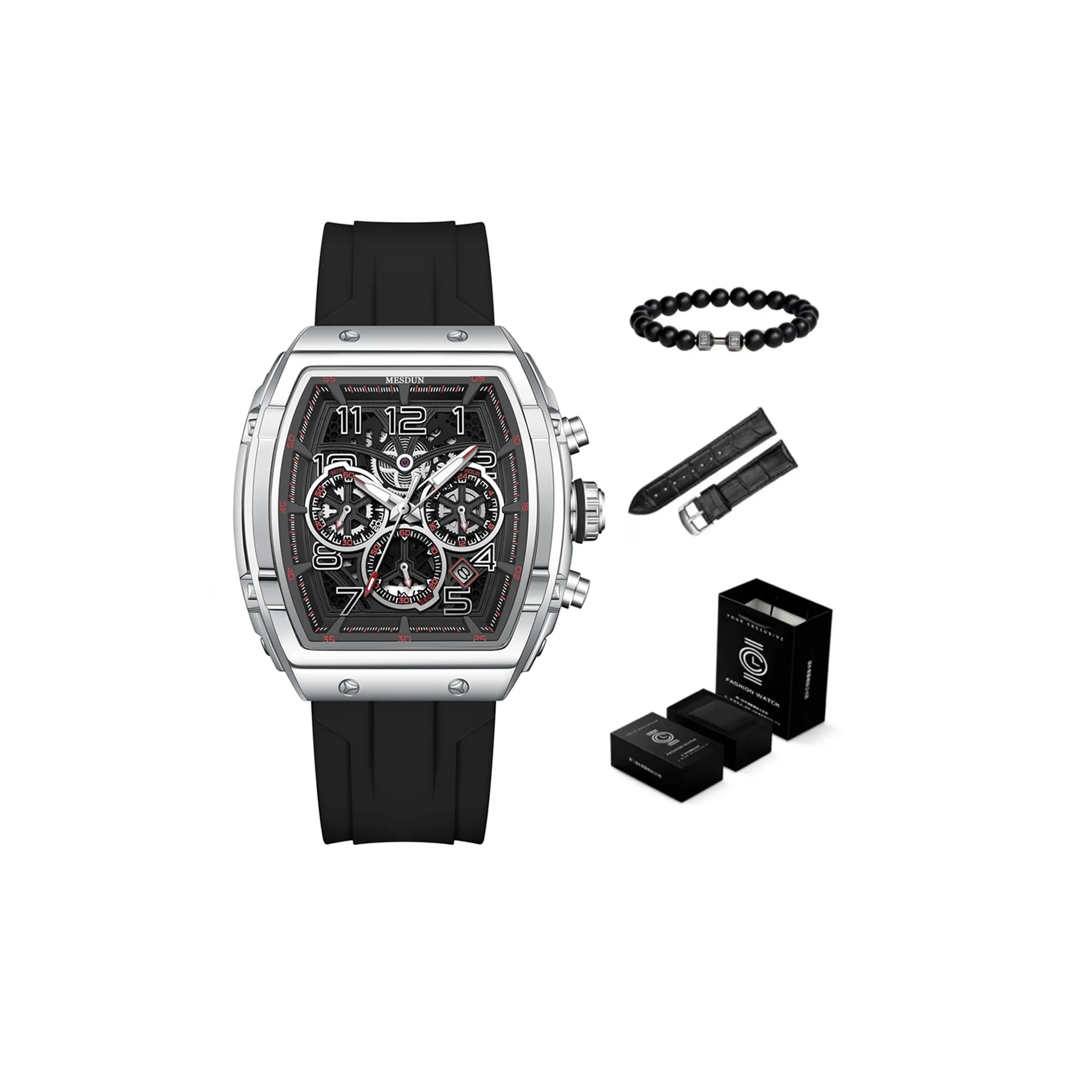 MESDUN Modern Кварцевый механизм Силиконовый ремешок Часы Мужские Черный циферблат
