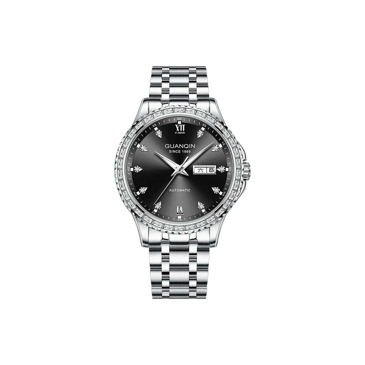 GUANQIN Автоматический Механический Механизм Нержавеющая Сталь Ремешок Часы Мужские Черный Циферблат