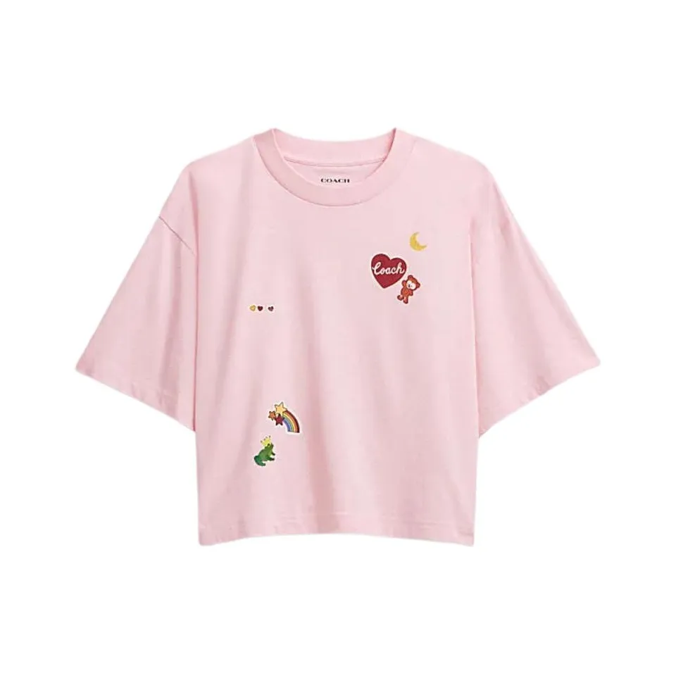 COACH Sticker Decor Crew Neck Cropped Short Sleeved T Shirt Women's Pink