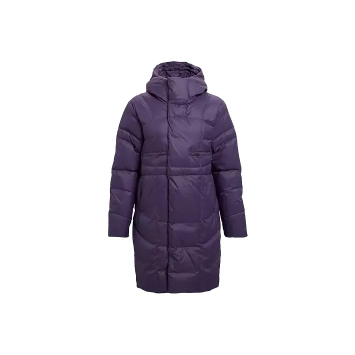 Under Armour Solid Color Hooded Fitted Moderate Mid Length Gray Duck Down Down Jacket Women's Purple