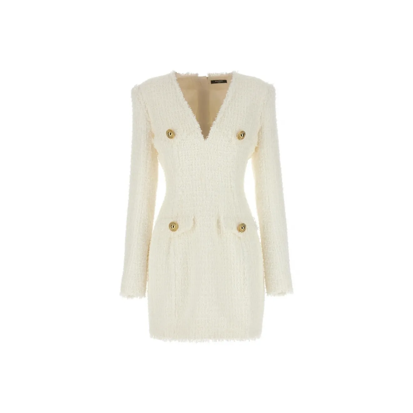 BALMAIN Long Sleeved Button-Detailed Tweed Dress