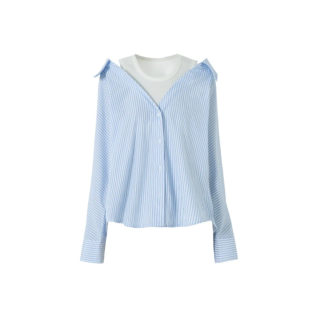 SOON FLOWER Shirts Women's Blue White Stripes