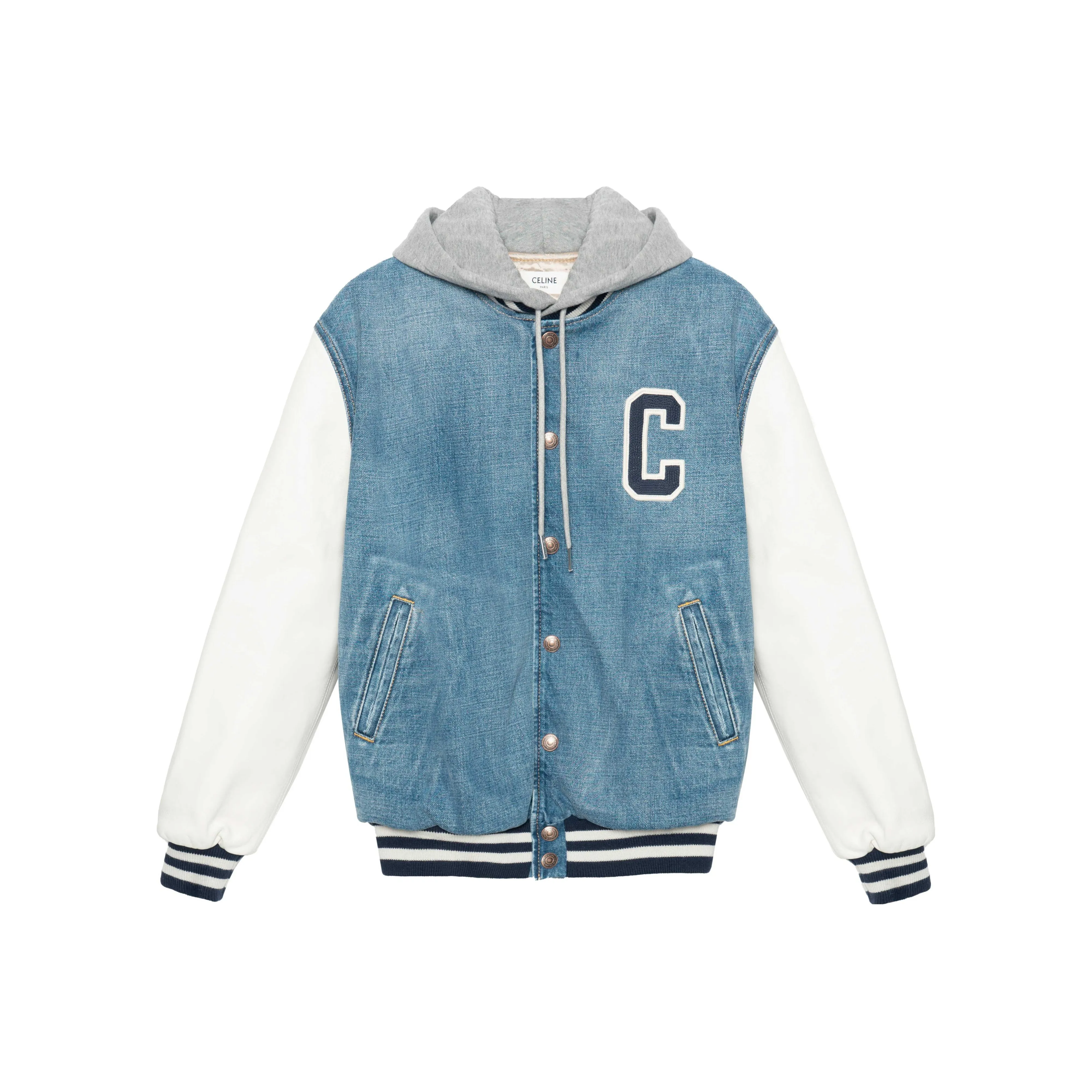 CELINE FW22 Hooded Varsity Jacket In Pismo Wash Denim